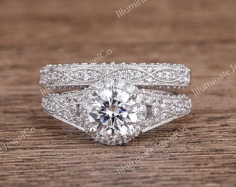 Antique Edwardian 2 Ct Old European Diamond Art Deco Bridal Set Vintage Engagement Ring Set In 935 Argentium Silver Vintage Retro Bridal Set