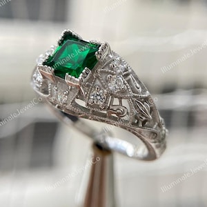1910-15s 2 Carat Emerald Antique Vintage Art Deco Engagement Ring In 935 Argentium Silver, Estate Ring, Antique Filigree Ring For Womens