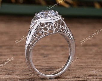 Bague de fiançailles art déco avec diamants de l'époque rétro en argent argentium 935, bague en diamant européen ancien 2 carats, bague pour femme vintage, bague ancienne