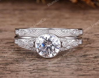 Vintage Edwardian 1.80 Ct Old European Cut Diamond Art Deco Bridal Set, Antique Engagement Ring Set In 935 Argentium Silver Retro Bridal Set