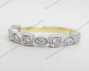 Retro Vintage Art Deco Diamond Wedding Band Ring Two Tone Band Stacking Band Antique Band Five Stone Band Eternity Band Anniversary Ring