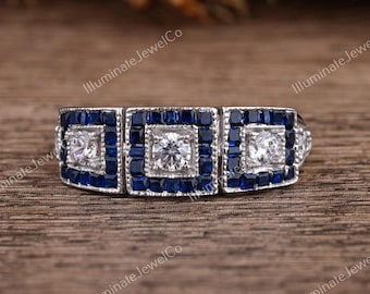 Retro vintage edwardiansk 3,10 karat rund diamant med safirhalo antik förlovningsring i 935 argentium silver / herrgårdsring i art déco-stil