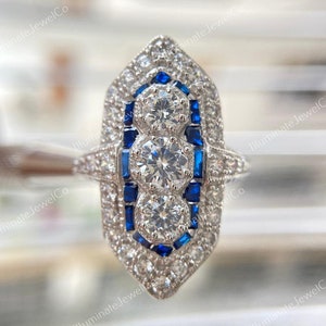 Vintage Edwardian 3.10 Carat Old European Cut Diamond With Sapphire Halo Antique Engagement Ring In 935 Argentium Silver / Art Deco Ring