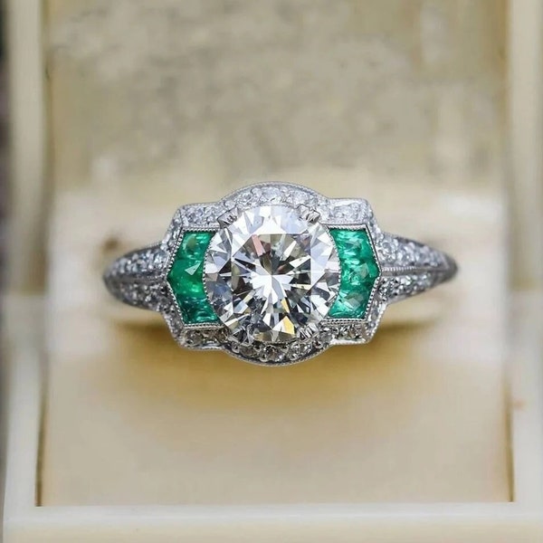 Antique 2 Ct White Diamond and Emerald Engagement Wedding Ring In 935 Argentium Silver/ Art Deco Retro Era 1920-25 Ring Antique Jewelry Ring