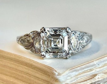 Edwardian Old Mine 2.20 Carat Art Deco Vintage Engagement Ring / Asscher Diamond Wedding Ring In 935 Argentium Silver / Art Deco Ring