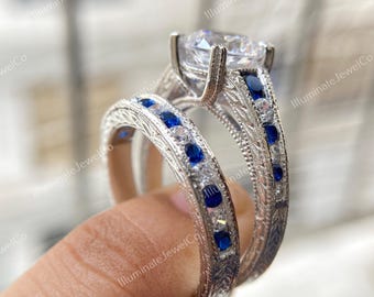 Retro Antique Bridal Set Wedding Engagement Ring Set 2.20 Ct Round Cut Diamond Vintage Art Deco Engagement Ring Set In 935 Argentium Silver