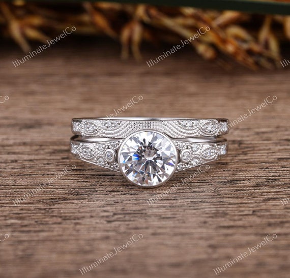 Vintage Edwardian 1.80 Ct Old European Cut Diamond Art Deco Bridal Set, Antique Engagement Ring Set In 935 Argentium Silver Retro Bridal Set