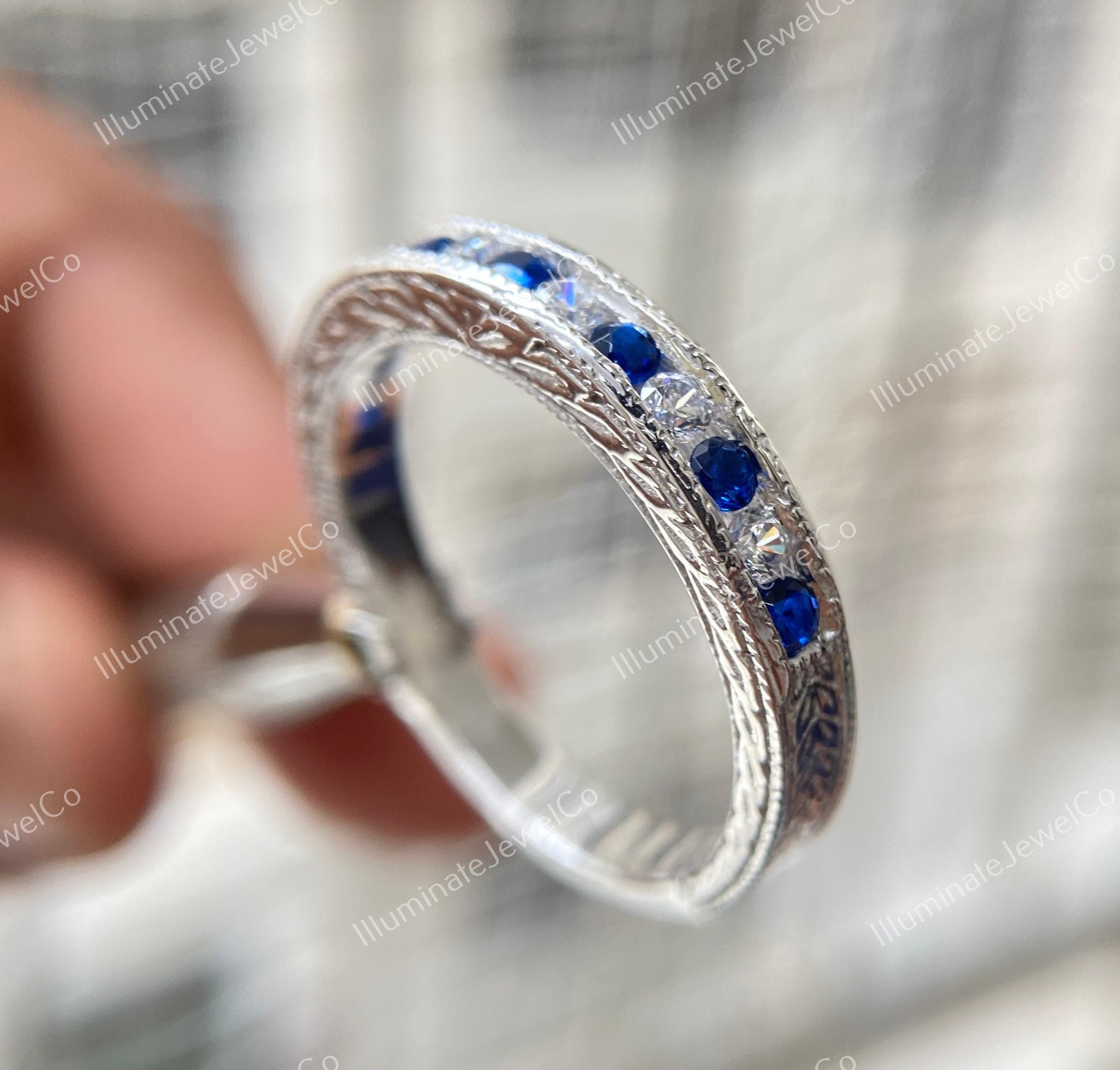 Antique Diamond & Sapphire Wedding Band Ring, Filigree Band, Vintage Band, Stacking Band, Art Deco Band, Vintage Band, Estate Bridal Ring