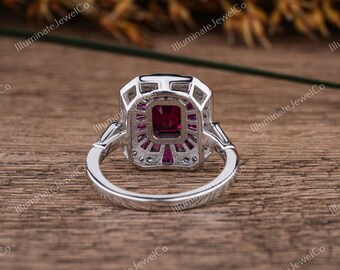 Bague De Fiançailles Vintage Argent 925 Moissanite 2.26ct Avec Rubis Art Déco - Taille 7