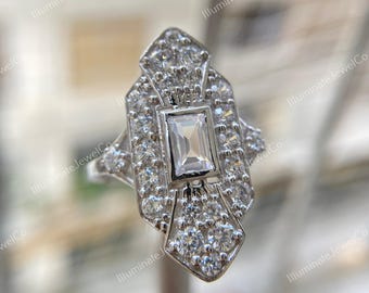 Zabytkowy Edwardiański 1,70Ct Szmaragdowy Laboratorium Diamentowy Pierścionek Zaręczynowy W Srebrze Argentium 935, Pierścionki Zaręczynowe Art Deco, Antyczny Wiktoriański Pierścionek