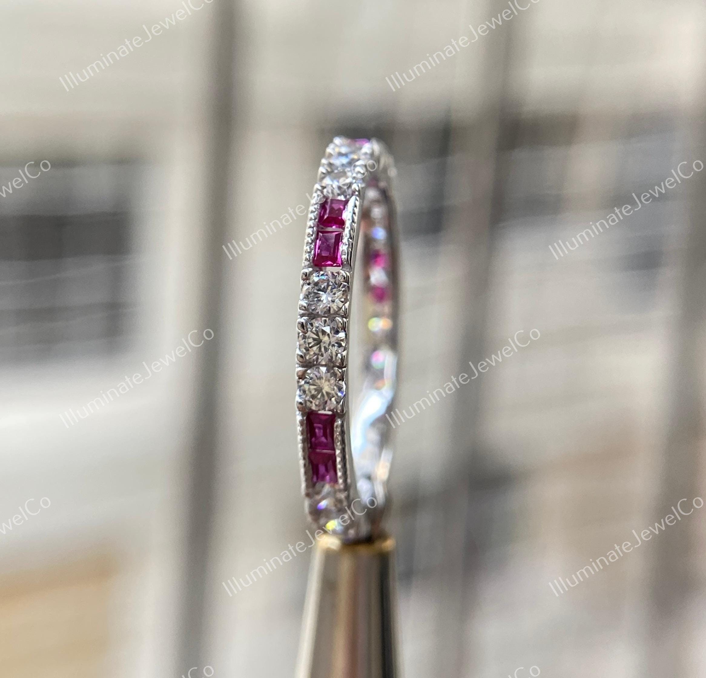 Anel de casamento de diamante vintage art déco, anel de eternidade de diamante vintage, anel de diamante rubi antigo, anel de noivado empilhável, anel delicado