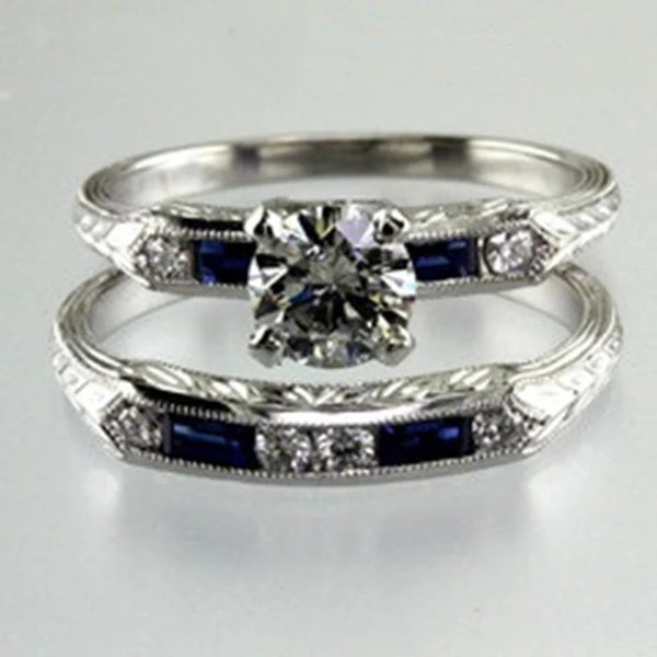 1880-90s Vintage Engagement Ring Set/ Round & Sapphire Baguette Diamond Ring Set/ Edwardian Ring Set/ Wedding Bridal Ring Set/Stackable Ring