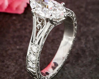 1.60 Ct Marquise VVS1 Diamond Engagement Art Deco Ring / Vintage Marquise Diamond Ring / Filigree Vintage Wedding Ring 935 Argentium Silver
