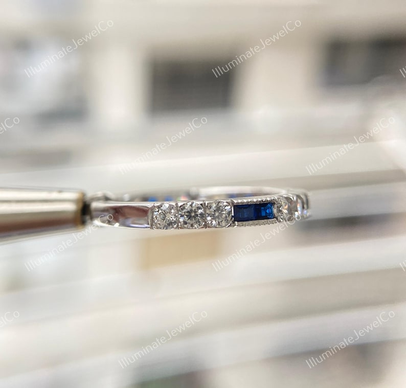 Antik Art Deco-diamantvigselring Gammal gruvdiamant- och safirring Stapelring Vintage-ring Halv alliansring Jubileumsring bild 5