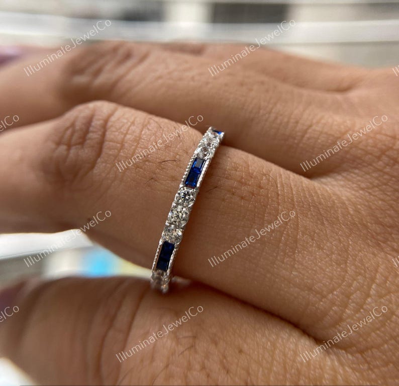 Antik Art Deco-diamantvigselring Gammal gruvdiamant- och safirring Stapelring Vintage-ring Halv alliansring Jubileumsring bild 8
