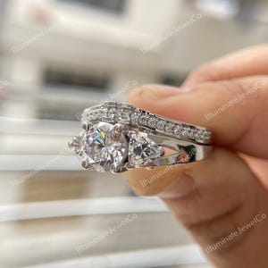 Antique Edwardian 2 Ct Old European Diamond Art Deco Bridal Set Vintage Engagement Ring Set In 935 Argentium Silver Retro Antique Bridal Set image 3