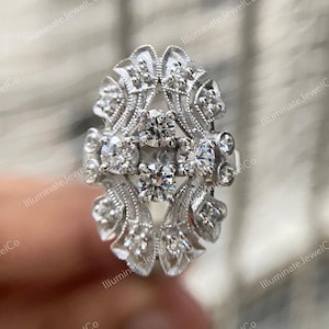 1880-90s Edwardian Art Deco Ring, 2.50 Carats Diamond Antique Engagement Ring in 935 Argentium Silver, Antique Ring, Estate Vintage Rings