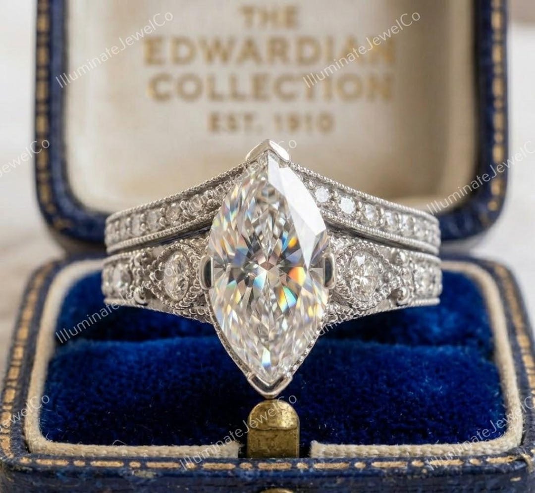 1900-10s Antique Art Deco Wedding Bridal Set, 2 Ct Old European Diamond ...