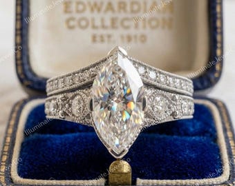 1900-10s Antique Art Deco Wedding Bridal Set, 2 ct Old European Diamond Ring Set Vintage Ring Set Edwardian Ring Set In 935 Argentium Silver