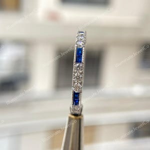 Antik Art Deco-diamantvigselring Gammal gruvdiamant- och safirring Stapelring Vintage-ring Halv alliansring Jubileumsring bild 2