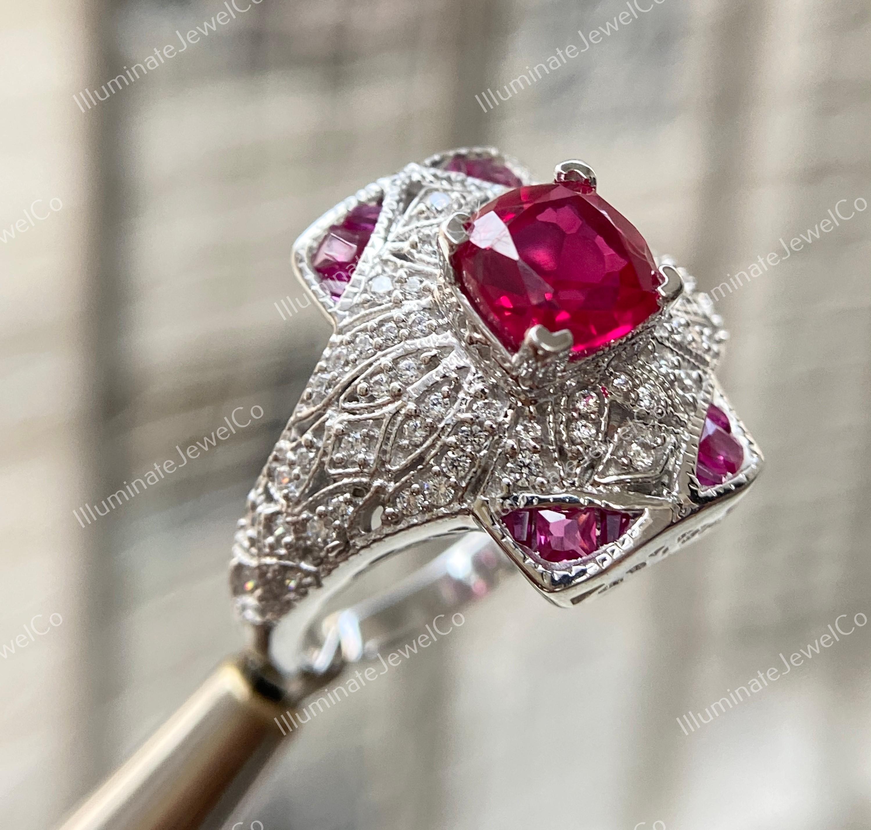 Bague Fiançailles Vintage Argent 925 Moissanite 2.26ct Rubis Art Déco - Taille 7