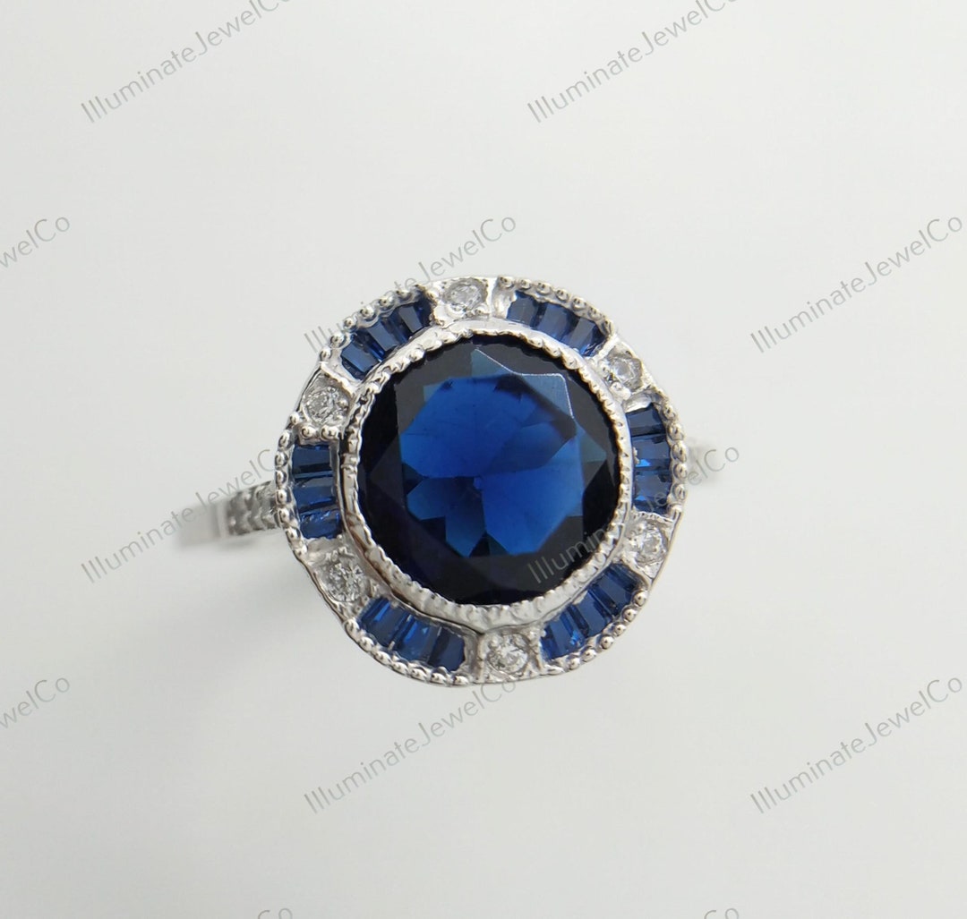 Bague De Fiançailles Art Déco Saphir Créé En Laboratoire 2,95 Ct - Or Blanc 14k - Taille 8 (personnalisable)
