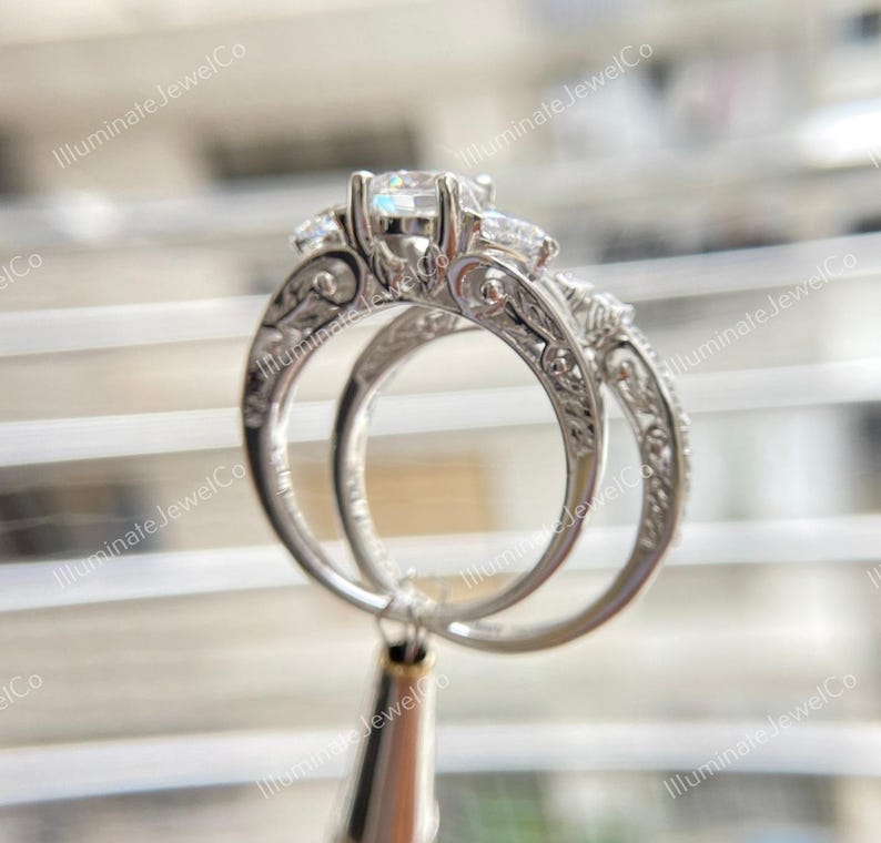 Antique Edwardian 2 Ct Old European Diamond Art Deco Bridal Set Vintage Engagement Ring Set In 935 Argentium Silver Retro Antique Bridal Set image 8