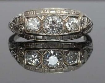 1880-90s Vintage Art Deco Verlobungsring / 2,50 Ct Diamant Antiker Verlobungsring / Drei Stein 935 Argentium Silber Ring / Edwardian Ring