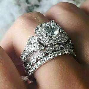 3 PCS Round Forever Moissanite Bridal Wedding Ring Set / Vintage Art Deco Lab Diamond Ring/ Trio Bridal Rings/ 935 Argentium Silver Ring Set