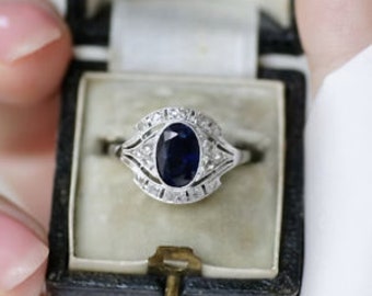 1900-10s Vintage Art Deco 2.50 Ct Oval Blue Sapphire Diamond Engagement Ring In 935 Argentium Silver Estate Edwardian Ring Mid-Century Ring