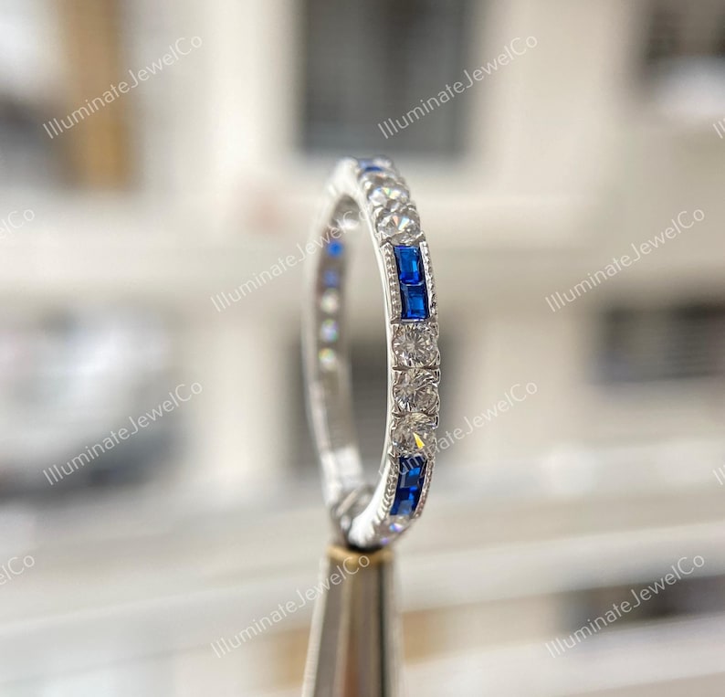 Antik Art Deco-diamantvigselring Gammal gruvdiamant- och safirring Stapelring Vintage-ring Halv alliansring Jubileumsring bild 3