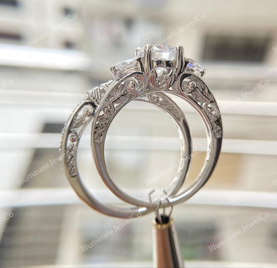 Antique Edwardian 2 Ct Old European Diamond Art Deco Bridal Set Vintage Engagement Ring Set In 935 Argentium Silver Retro Antique Bridal Set