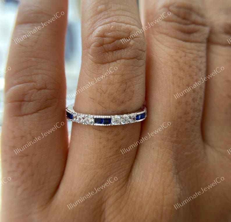 Antik Art Deco-diamantvigselring Gammal gruvdiamant- och safirring Stapelring Vintage-ring Halv alliansring Jubileumsring bild 7