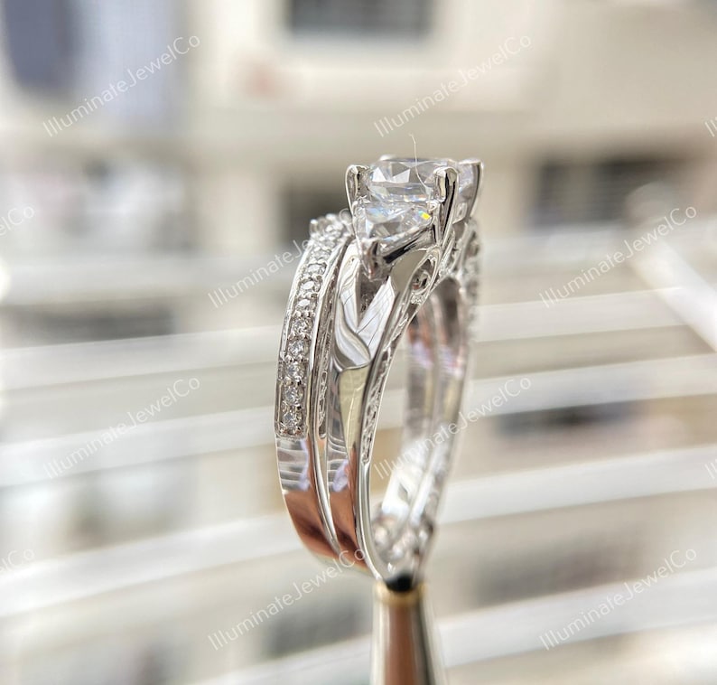 Antique Edwardian 2 Ct Old European Diamond Art Deco Bridal Set Vintage Engagement Ring Set In 935 Argentium Silver Retro Antique Bridal Set image 6