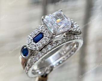 Vintage 2Ct Art Deco Moissanite Wedding Engagement Ring Set In 935 Argentium Silver Asscher Diamond Ring Set Retro Iconic Antique Bridal Set