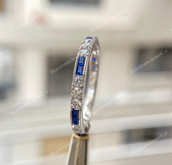 Antique Art Deco Diamond Wedding Band Ring Old Mine Diamond & Sapphire Band Stacking Band Vintage Band Half Eternity Band Anniversary Ring
