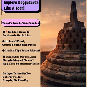 Op de afbeelding: Een digitale reisgids getiteld 4 Days Itinerary Explore Yogyakarta Like A Local, met een foto van een stenen stoepa bij zonsopgang. De tekst bevat informatie over verborgen parels, lokale gerechten, tips en aanklikbare links.