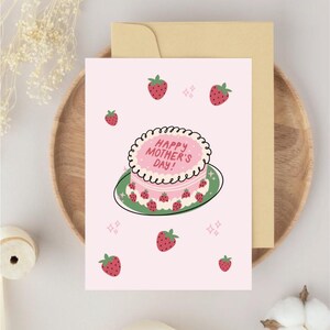 Carte de fête des Mères gâteau aux fraises sucré | Carte de voeux rose imprimable 4 x 6" | Téléchargement instantané | Carte pliable DIY | Idée cadeau respectueuse de l'environnement