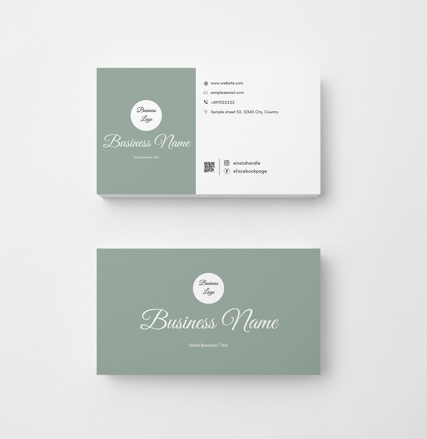 Sage green QR Code Business Card Template, Instant Download, Trending Printable Visiting Card, Canva Template