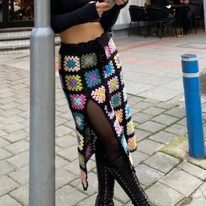 Afghan Crochet Vintage Skirt, Crochet Granny Square Midi Skirt, Handmade Colorful Skirt, Summer Skirt, Crochet Midi Skirt