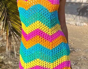 Handmade Crochet Mini Dress: Colorful Zigzag Boho Beach Cover-Up