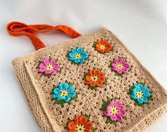 Crochet Floral Granny Square Bag: Handmade Cotton Shoulder Tote