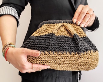 Handgefertigte Zweifarbige Stroh Clutch Tasche