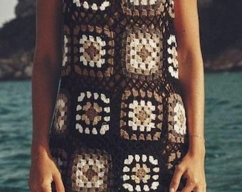 Hand-Knitted Cotton Crochet Granny Square Mini Dress