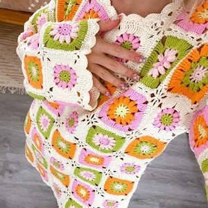 Granny Square Short Dress, Crochet Custom Dress, Granny Square Dress for Women, Hippie Dress, Afghan Crochet Vintage Dress, Crochet Fashion