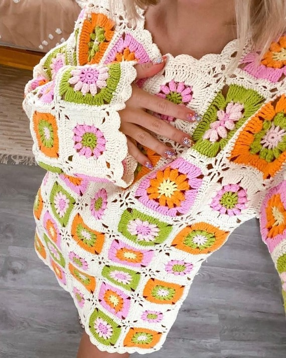 Hand-Knitted Granny Square Crochet Dress: Hippie Cotton Fashion Hand-Knitted Granny Square Crochet Dress: Hippie Cotton Fashion