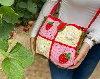 Handmade Strawberry Granny Square Crochet Bag: Cottagecore Shoulder Bag
