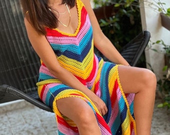 Hand-Knitted Cotton Crochet Dress: Colorful Hippie Boho Beach Cover-Up
