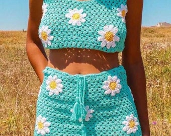 Daisy Crochet Skirt Top Set: Floral Festival Outfit