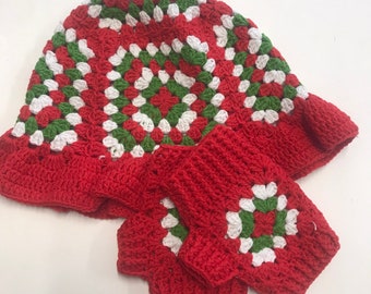 Häkeln Sie Oma quadratischen Schal Hut Set, handgemachte Stricken Winter-Accessoires, Unisex Herbst Haarschmuck, Vintage afghanische häkeln,